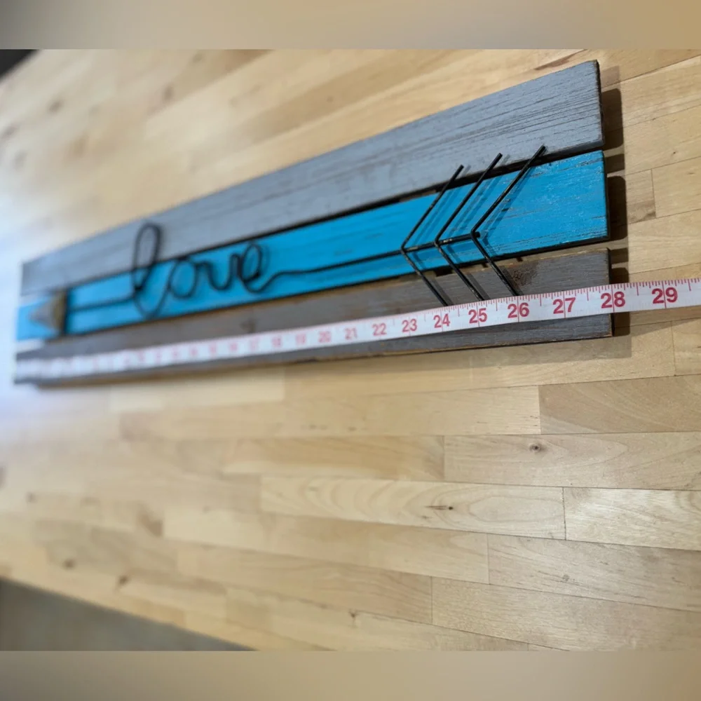 LOVE Sign in Distressed Wood Style with a Dark Aqua Detail. Blue Paint- 28x6.5”